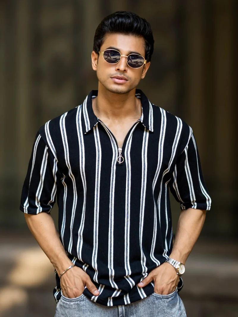 Maniac Maniac Mens Striped Polo Neck 3/4th Sleeve Dark Black Half Zipper Cotton T-Shirt